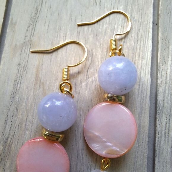 Mother of Pearl Aquamarine 18k Gold Dangle Earrings Boho Coquette Artsy Jewelry - Picture 7 of 9